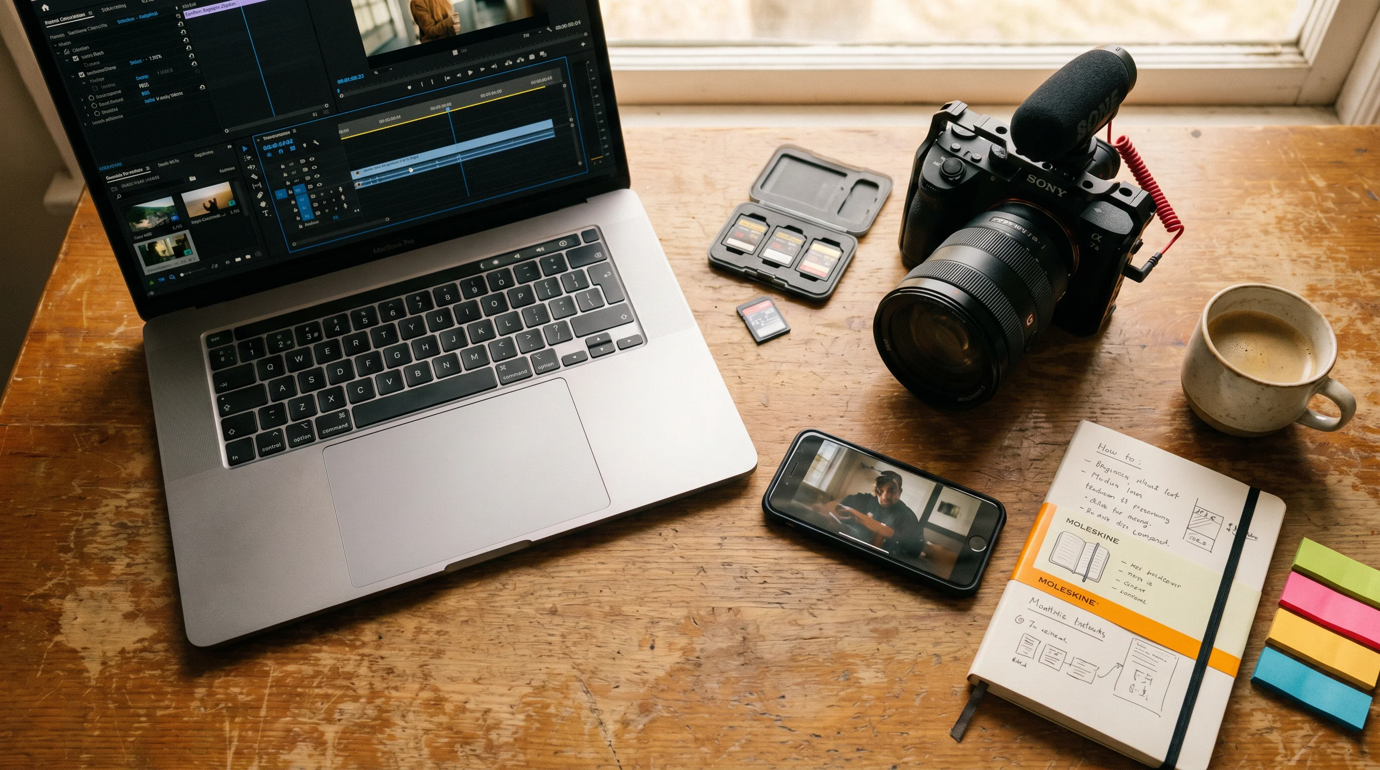 Video editing workspace with laptop and camera