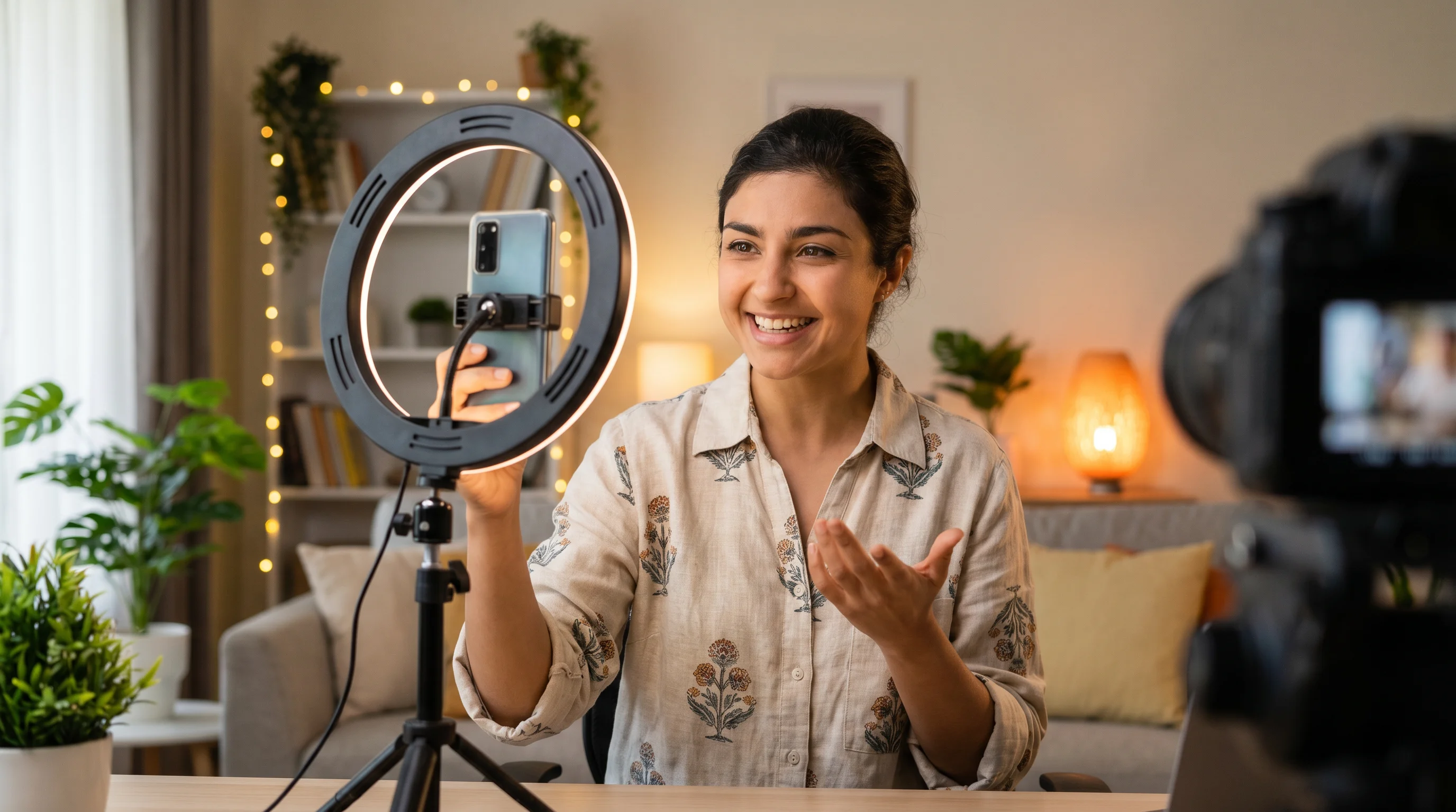 Content creator filming with ring light