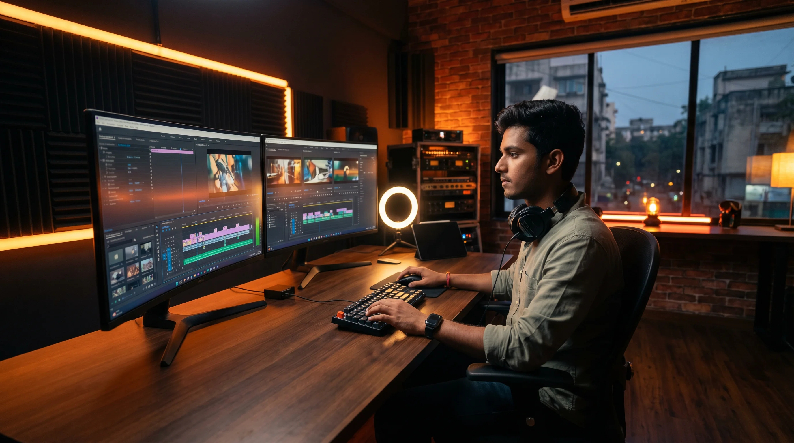 Video editor working at professional editing workstation
